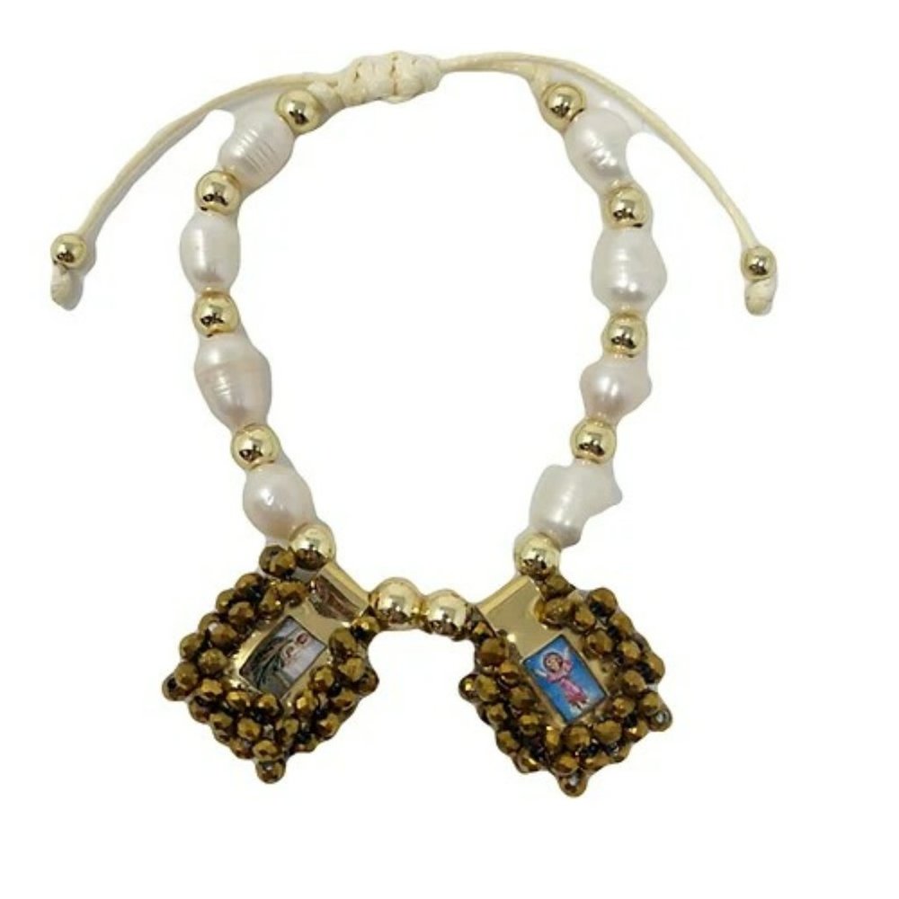 San Judas Tadeo - Divino Nino Jesus Water Pearl Scapulars Gold